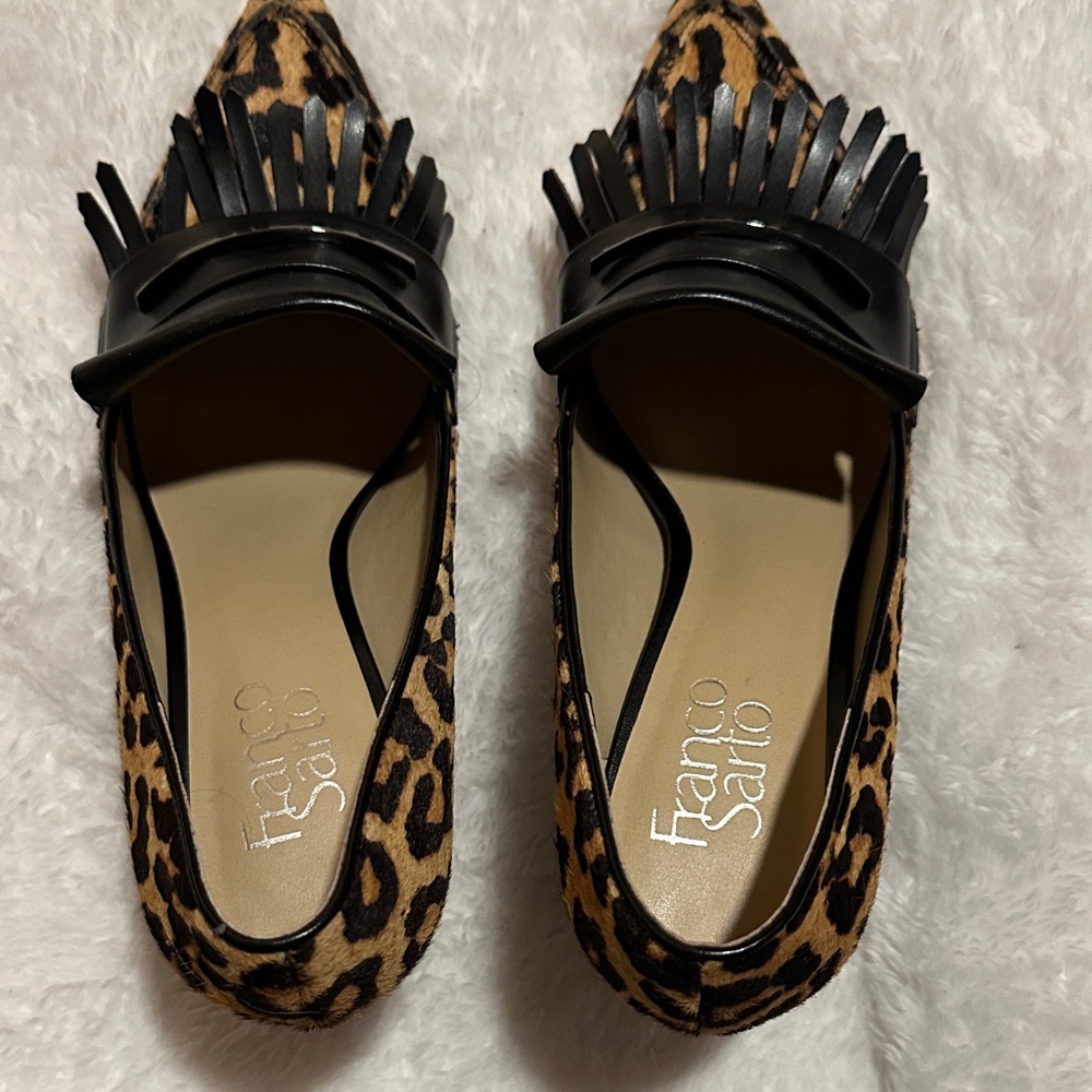 Franco Sarto Leopard Print Flats with Black Fringe
